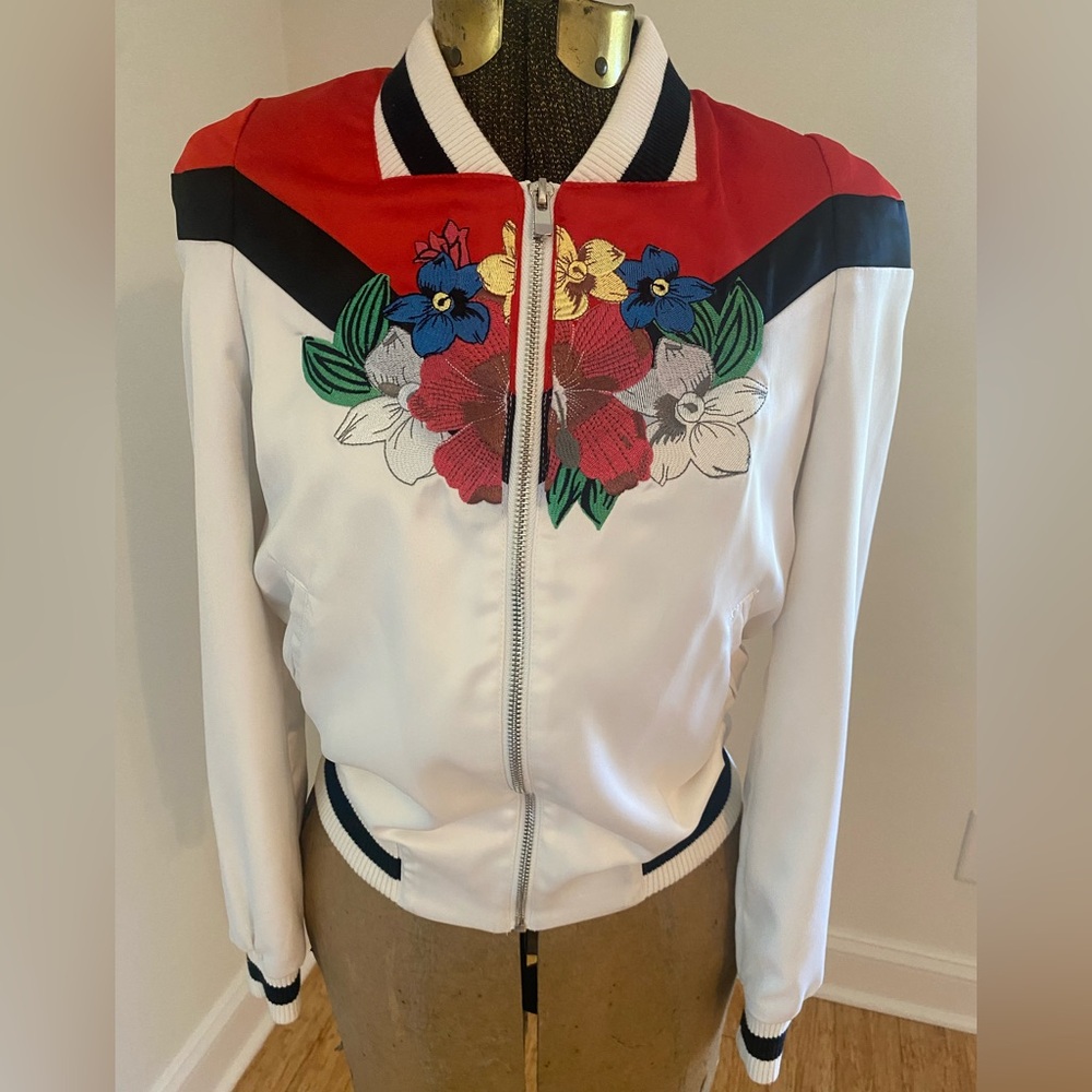 Maje Embroidered Satin Bomber Jacket - Picture 2 of 7